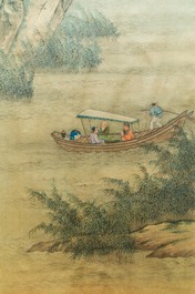 Chinese school, ink and colour on silk, 18/19th C.: 'Tea party on the water'